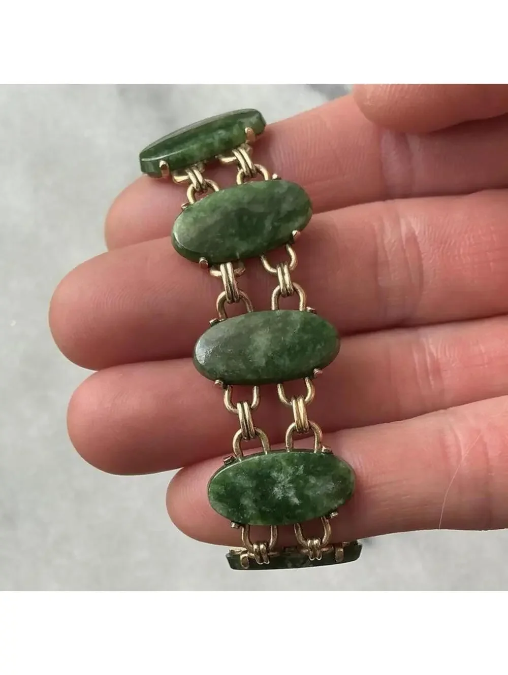Vintage Nephrite Jade Cabochon Link 12K Gold Filled WRE Bracelet